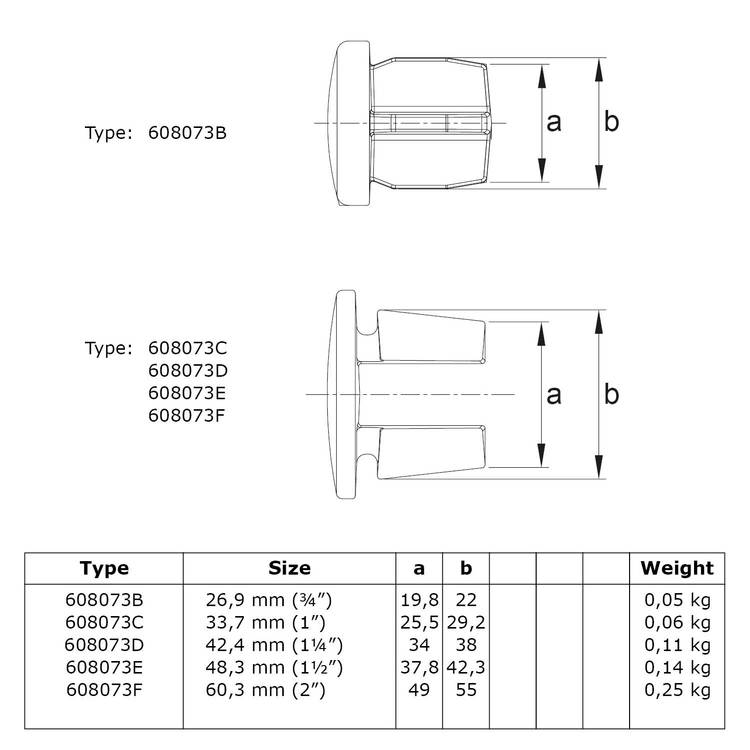 Inslagdop metaal voor zilverkleurige aluminium buizen-C / 33,7 mm